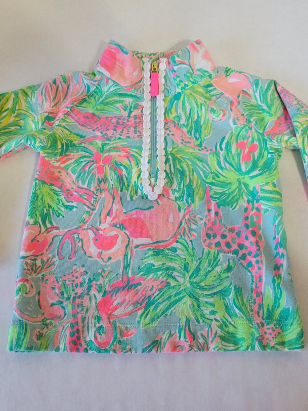 Lilly Pulitzer Girls Skipper Flamingo Popover 1/2 Zip Long Sleeve Shirt XS (2-3)